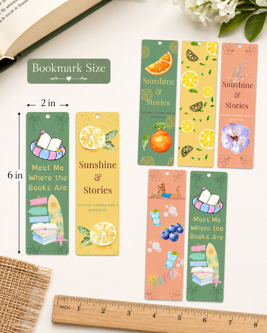 Summer Printable Bookmarks Bundle, 6 Bookmarks, Book Lover Gift, Lemon Citrus, Blueberry, Orange, Beach Reading, Instant Download PNG PDF