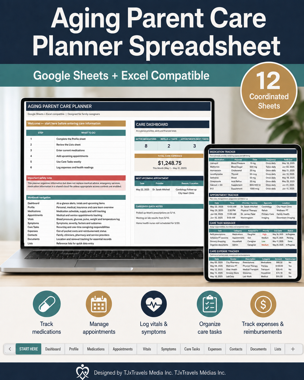 Aging Parent Care Planner Spreadsheet, Medication, Appointment & Expense Tracker, Google Sheets + Excel