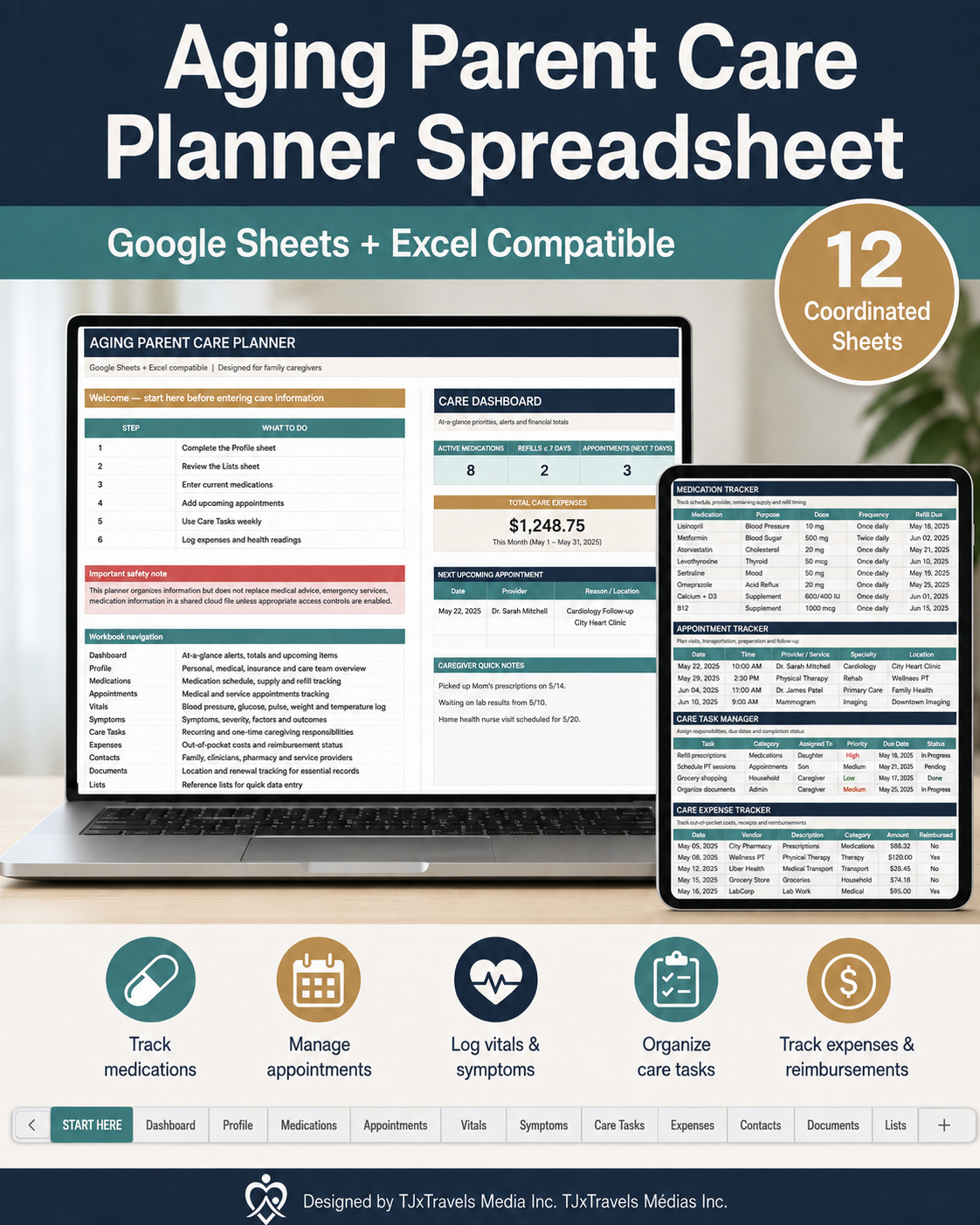 Aging Parent Care Planner Spreadsheet, Medication, Appointment & Expense Tracker, Google Sheets + Excel