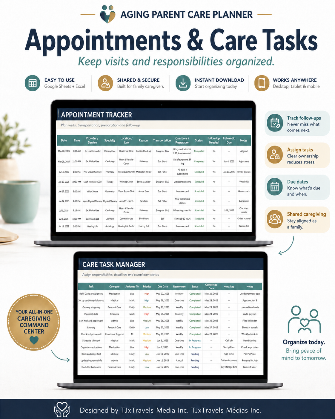 Aging Parent Care Planner Spreadsheet, Medication, Appointment & Expense Tracker, Google Sheets + Excel