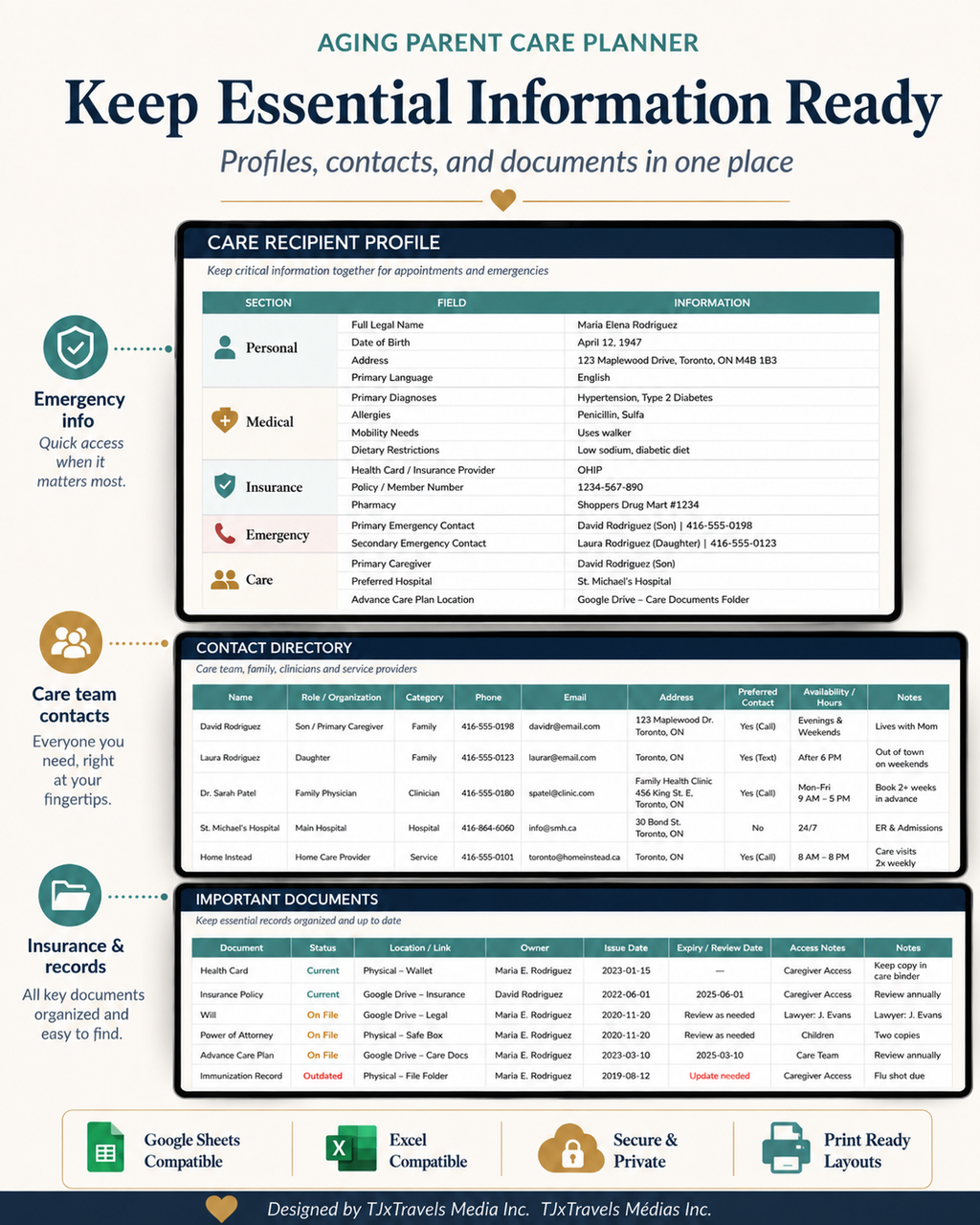 Aging Parent Care Planner Spreadsheet, Medication, Appointment & Expense Tracker, Google Sheets + Excel