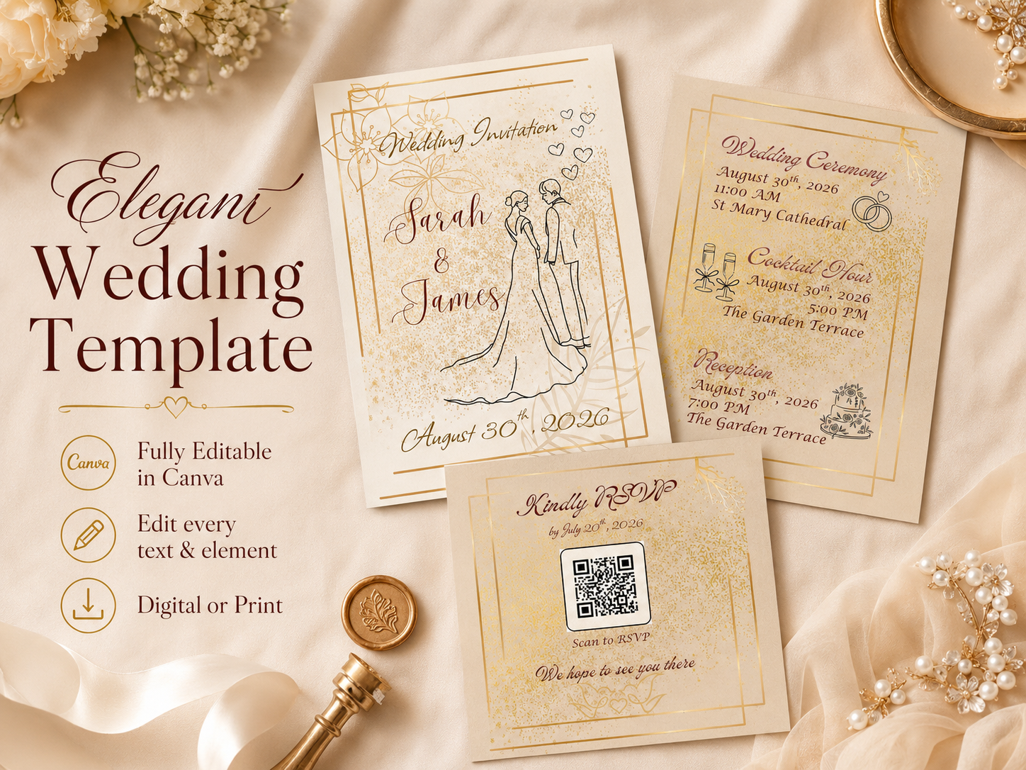 Elegant Wedding Invitation Template, Editable Gold Canva Invite Suite, 5x7 Printable RSVP Card