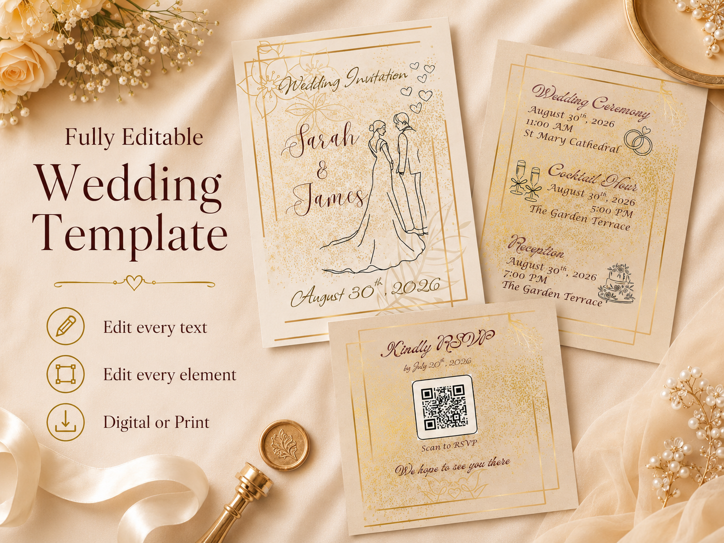 Elegant Wedding Invitation Template, Editable Gold Canva Invite Suite, 5x7 Printable RSVP Card