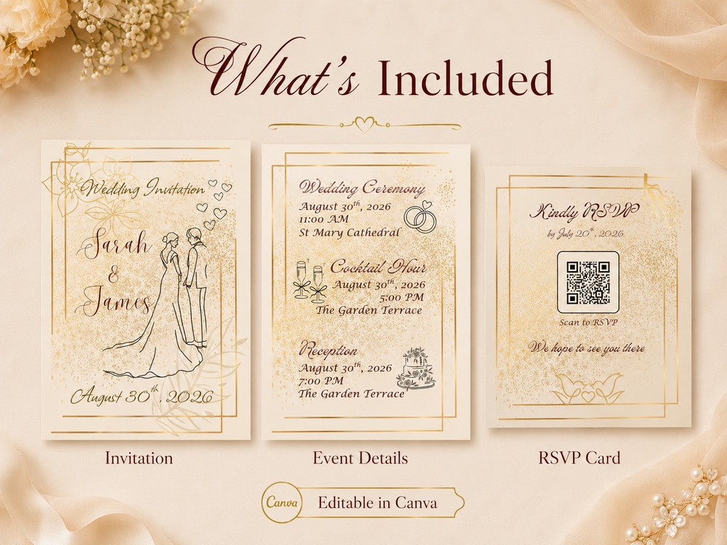 Elegant Wedding Invitation Template, Editable Gold Canva Invite Suite, 5x7 Printable RSVP Card