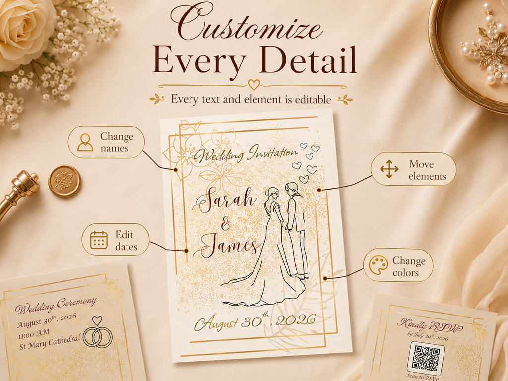 Elegant Wedding Invitation Template, Editable Gold Canva Invite Suite, 5x7 Printable RSVP Card