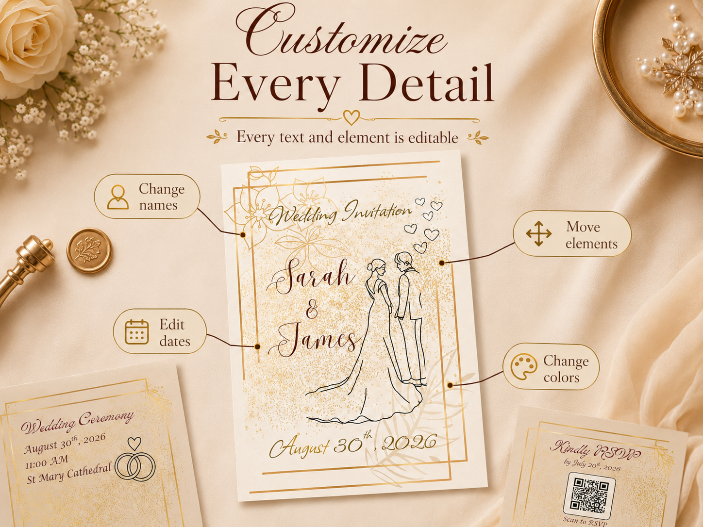 Elegant Wedding Invitation Template, Editable Gold Canva Invite Suite, 5x7 Printable RSVP Card