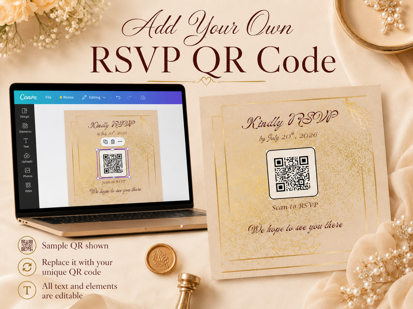 Elegant Wedding Invitation Template, Editable Gold Canva Invite Suite, 5x7 Printable RSVP Card