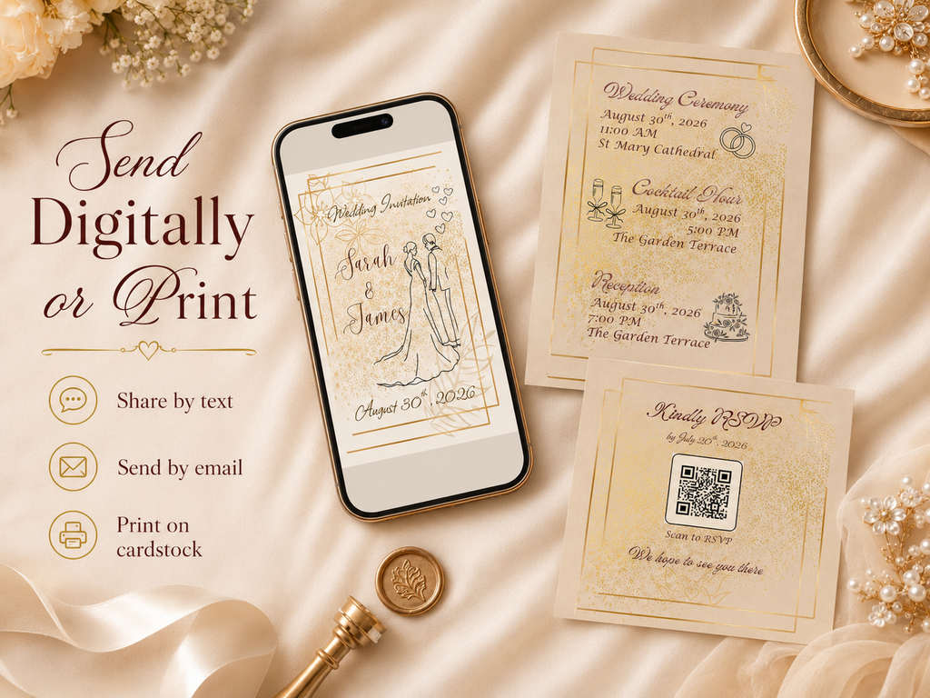 Elegant Wedding Invitation Template, Editable Gold Canva Invite Suite, 5x7 Printable RSVP Card