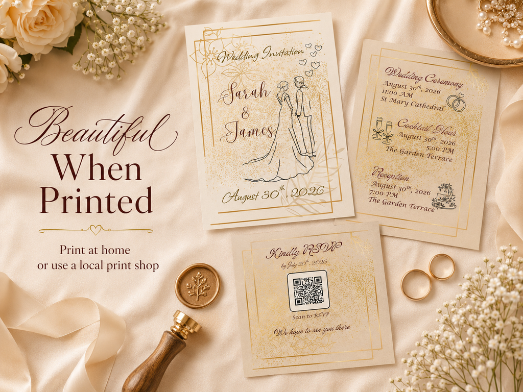 Elegant Wedding Invitation Template, Editable Gold Canva Invite Suite, 5x7 Printable RSVP Card