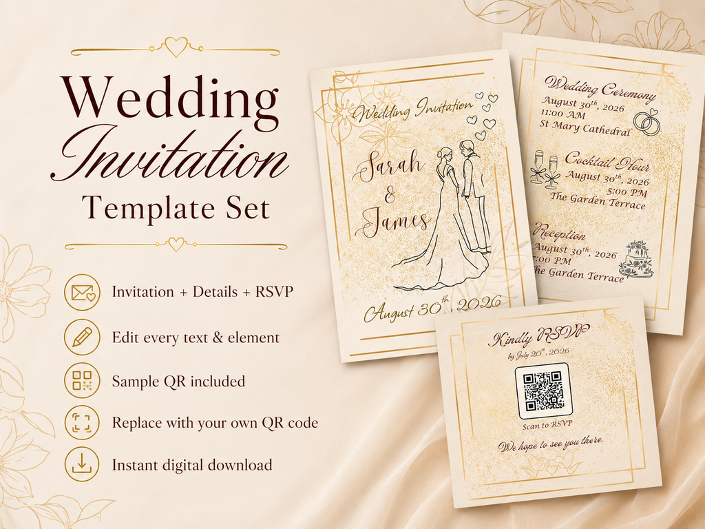 Elegant Wedding Invitation Template, Editable Gold Canva Invite Suite, 5x7 Printable RSVP Card