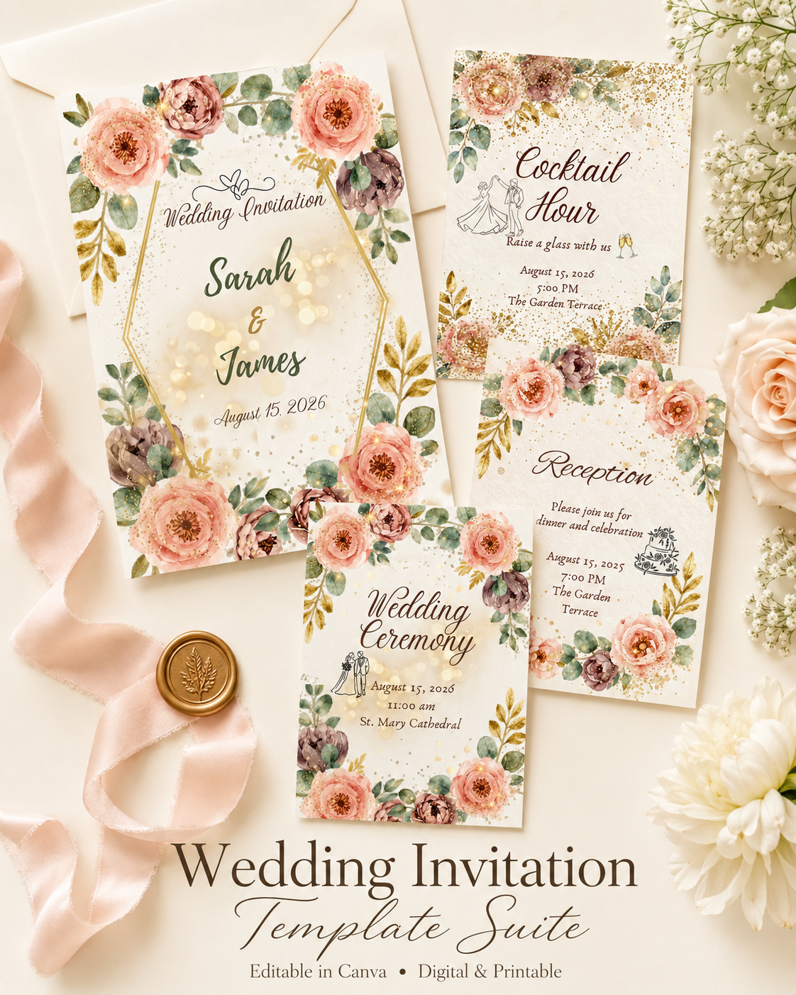 Floral Wedding Invitation Suite, Editable Canva Template (Digital & Printable)