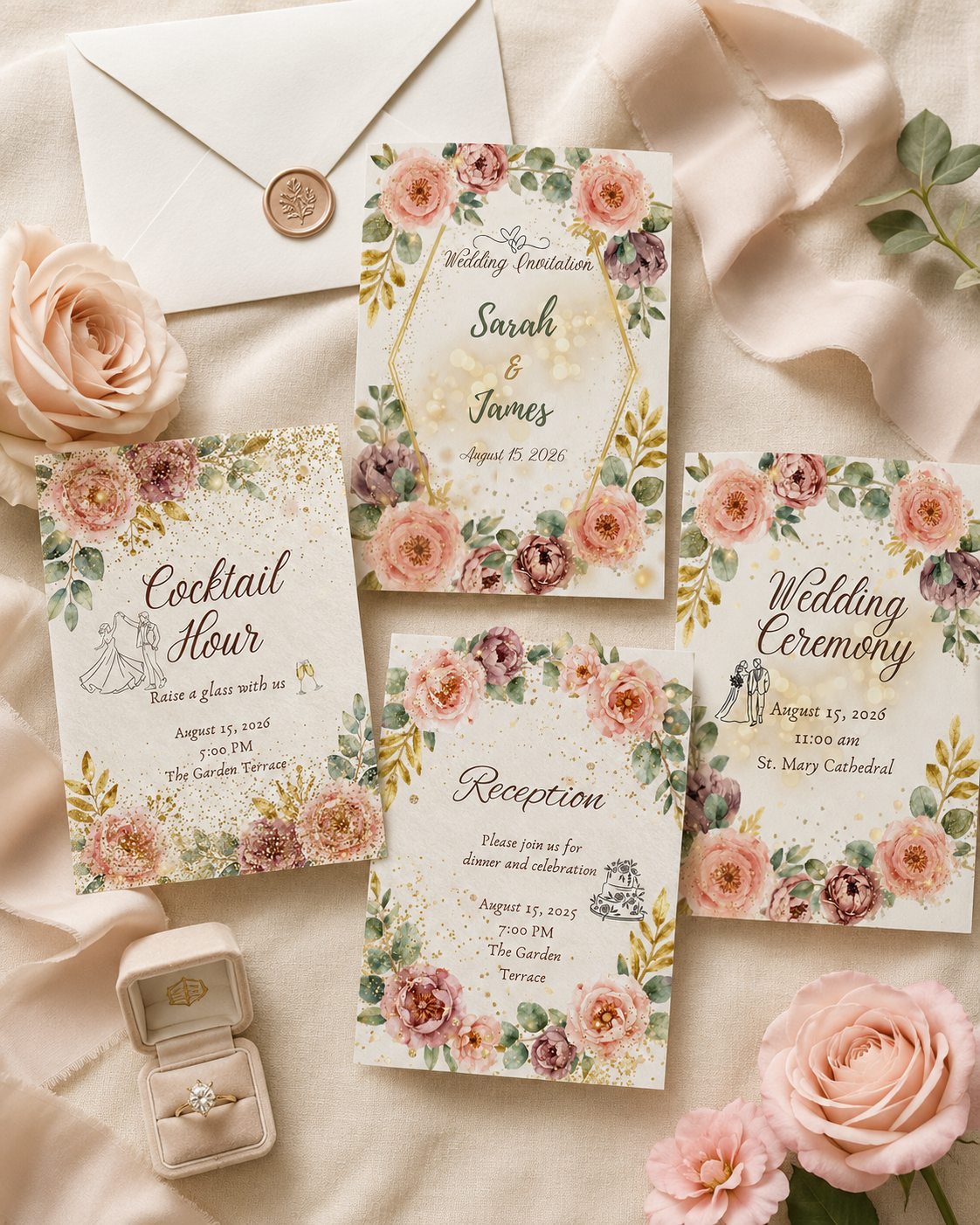 Floral Wedding Invitation Suite, Editable Canva Template (Digital & Printable)