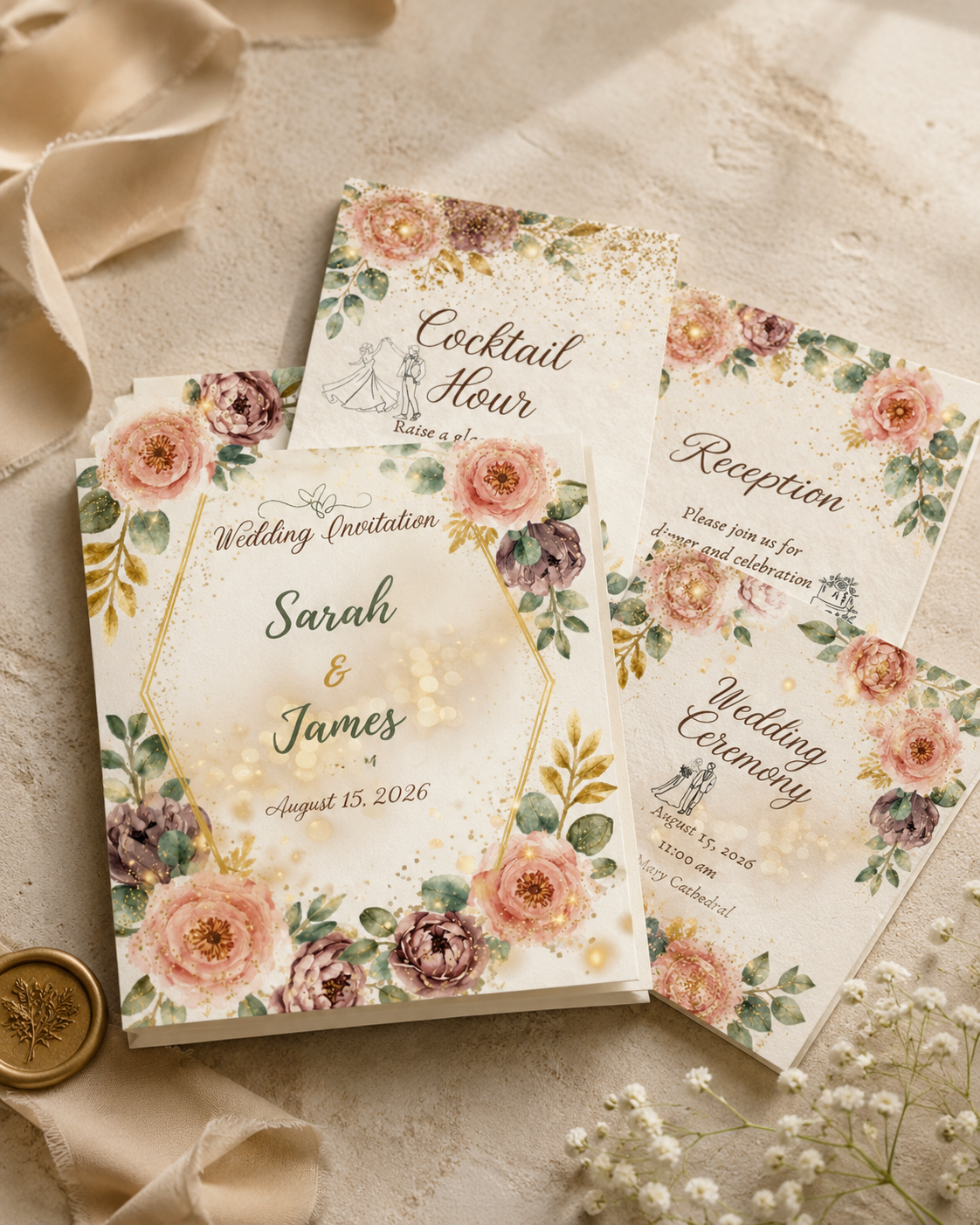 Floral Wedding Invitation Suite, Editable Canva Template (Digital & Printable)