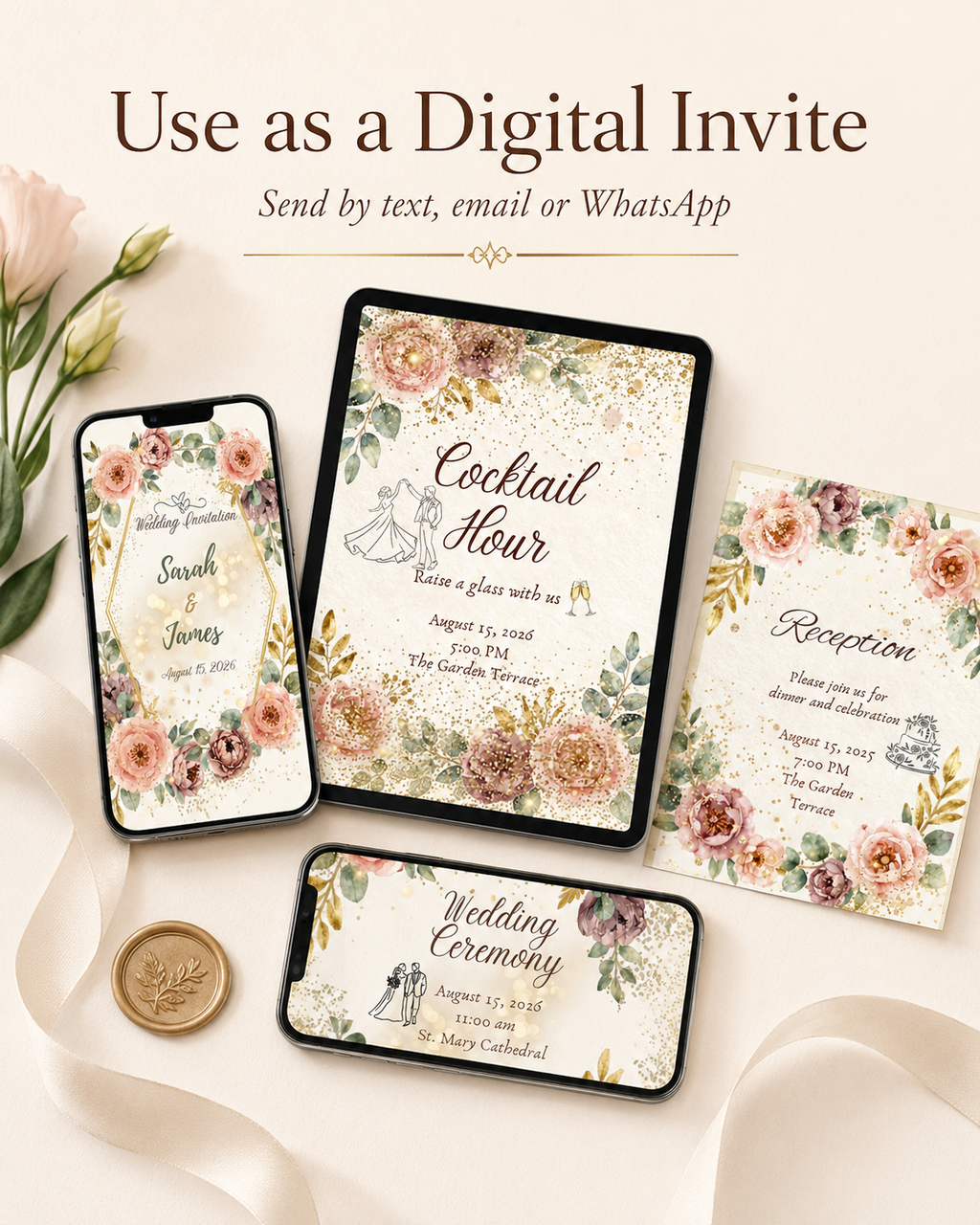 Floral Wedding Invitation Suite, Editable Canva Template (Digital & Printable)