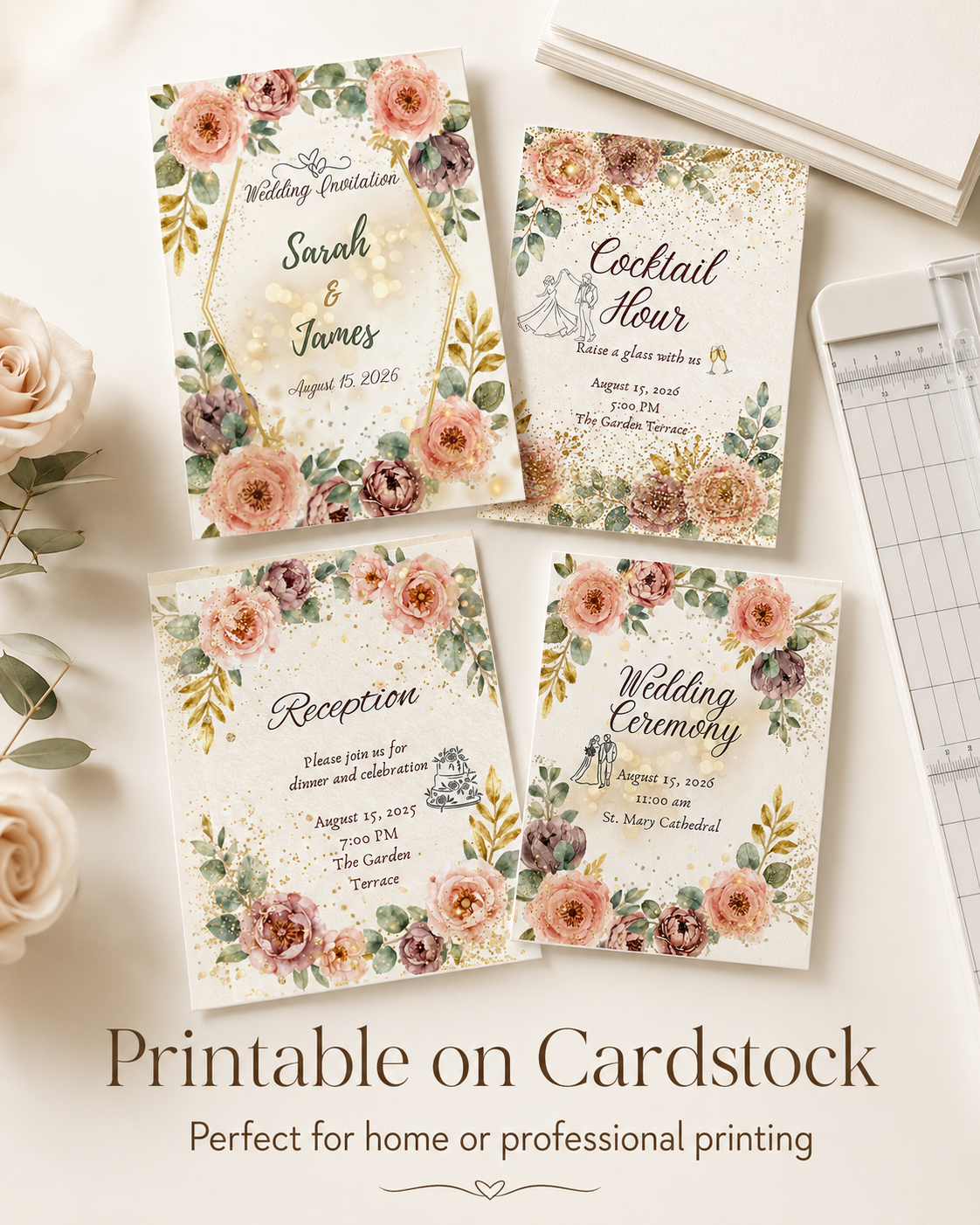 Floral Wedding Invitation Suite, Editable Canva Template (Digital & Printable)