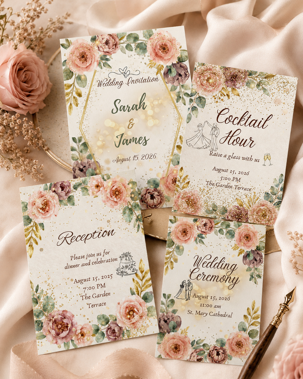 Floral Wedding Invitation Suite, Editable Canva Template (Digital & Printable)