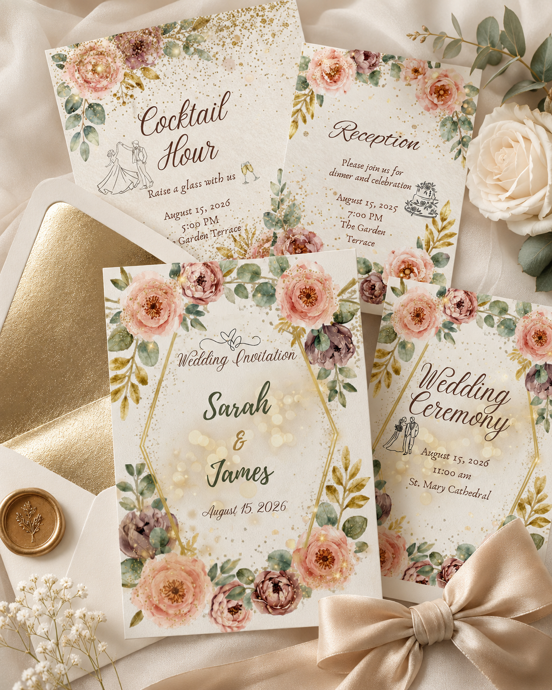 Floral Wedding Invitation Suite, Editable Canva Template (Digital & Printable)