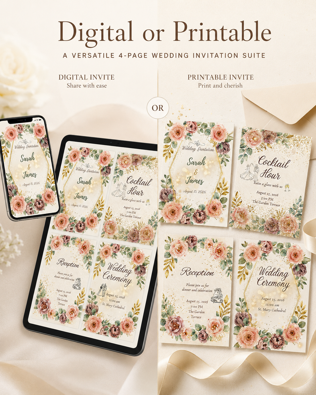 Floral Wedding Invitation Suite, Editable Canva Template (Digital & Printable)