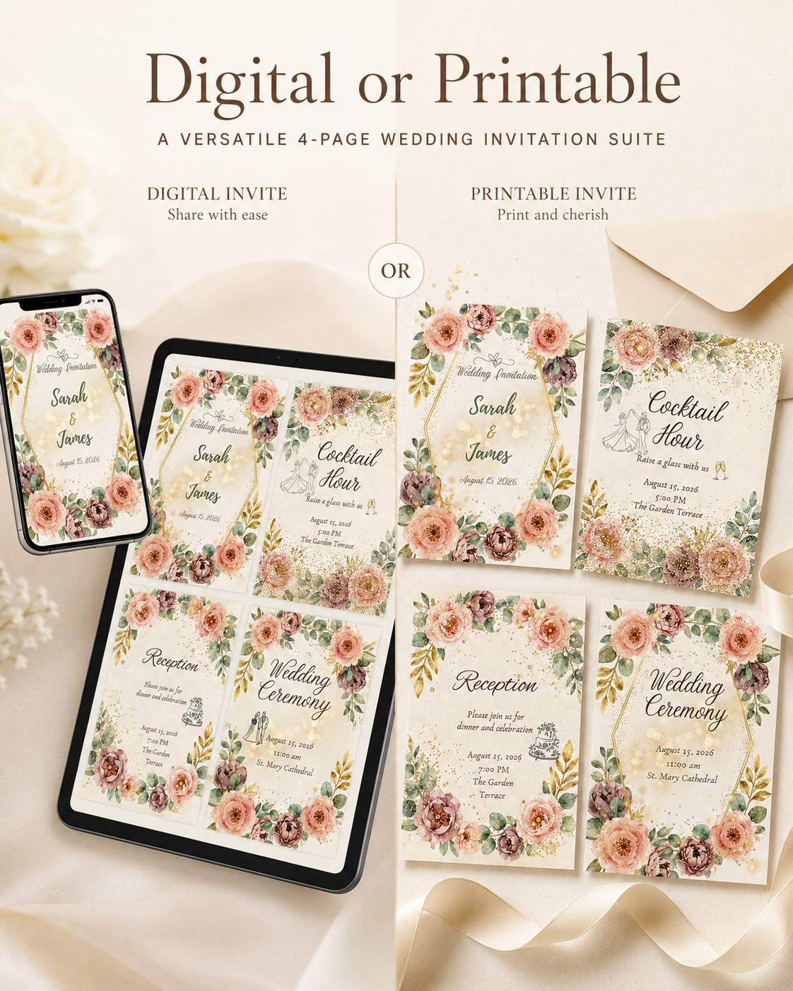 Floral Wedding Invitation Suite, Editable Canva Template (Digital & Printable)