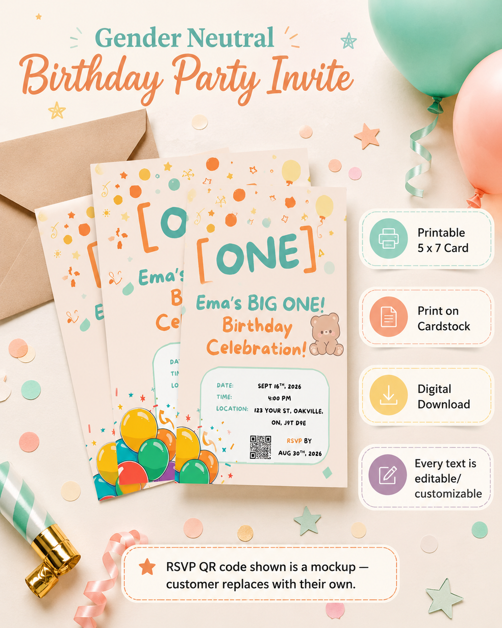 Gender Neutral First Birthday Invitation, Editable Canva Invite, Printable 5x7 Birthday Party Template