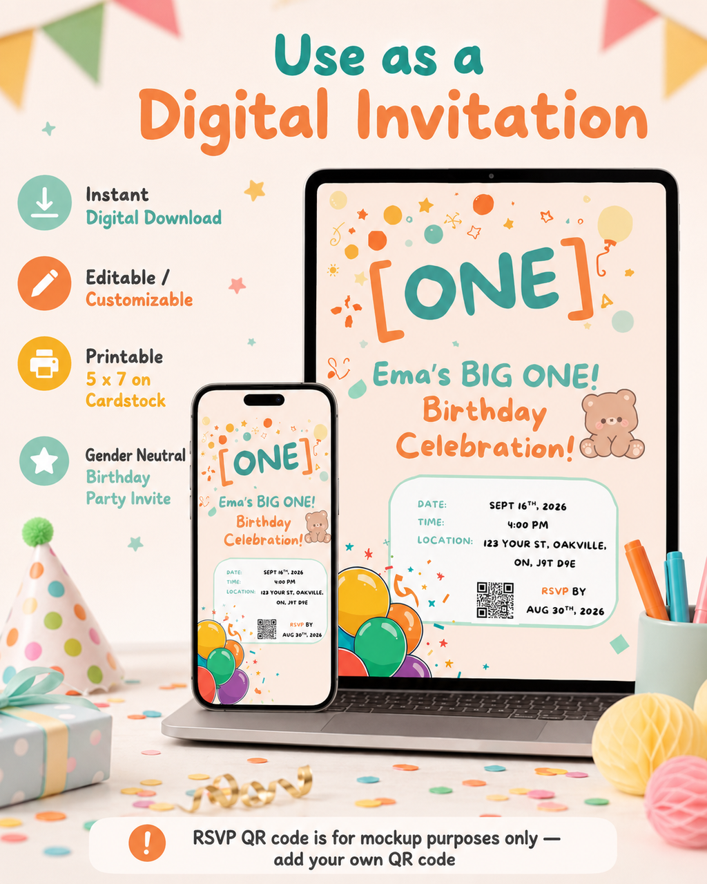 Gender Neutral First Birthday Invitation, Editable Canva Invite, Printable 5x7 Birthday Party Template