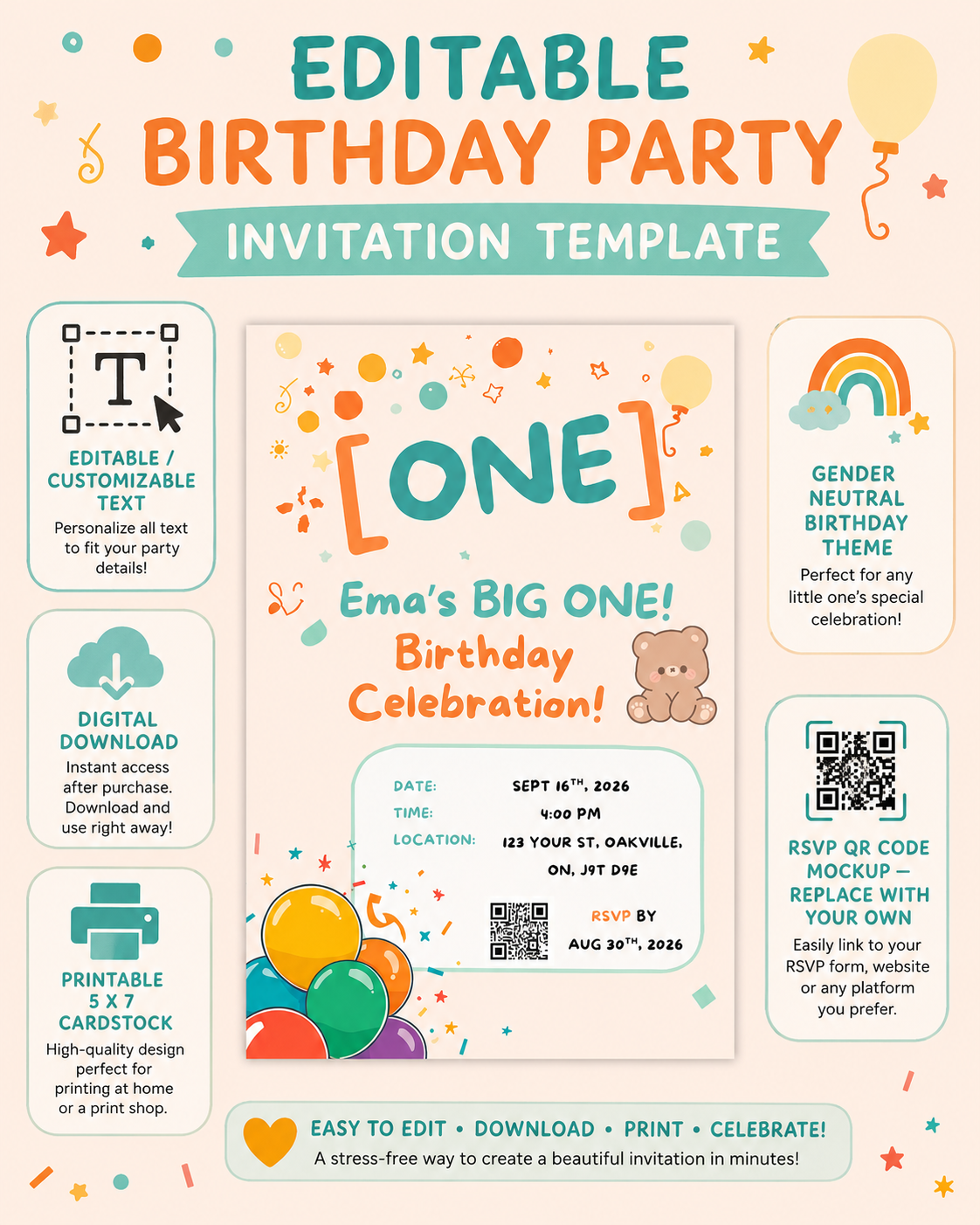 Gender Neutral First Birthday Invitation, Editable Canva Invite, Printable 5x7 Birthday Party Template