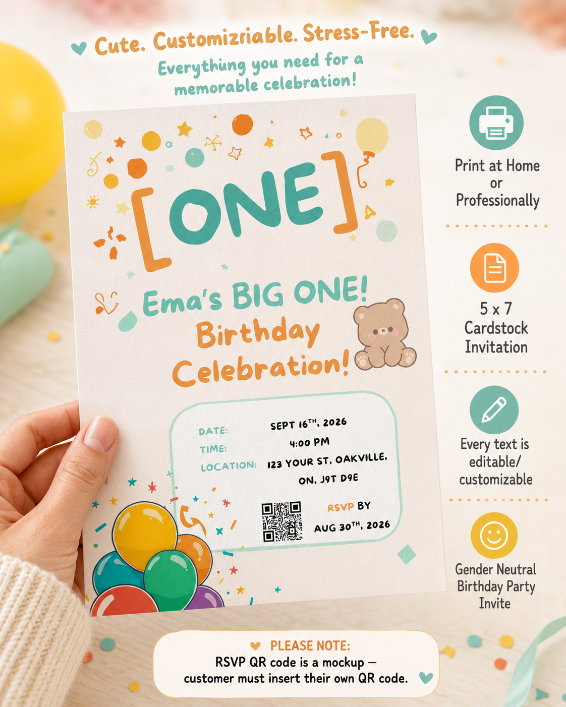 Gender Neutral First Birthday Invitation, Editable Canva Invite, Printable 5x7 Birthday Party Template