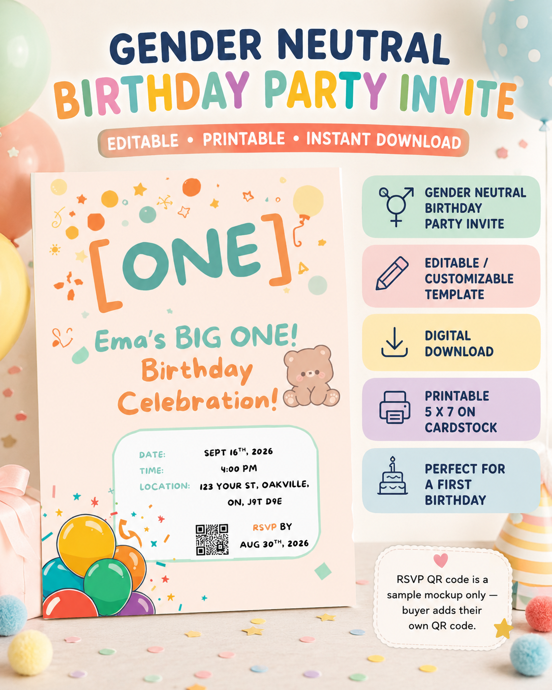 Gender Neutral First Birthday Invitation, Editable Canva Invite, Printable 5x7 Birthday Party Template