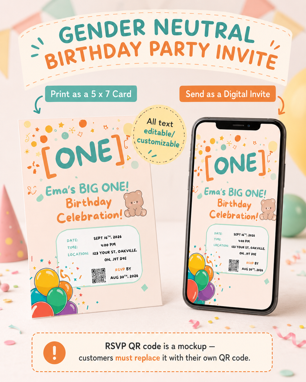 Gender Neutral First Birthday Invitation, Editable Canva Invite, Printable 5x7 Birthday Party Template