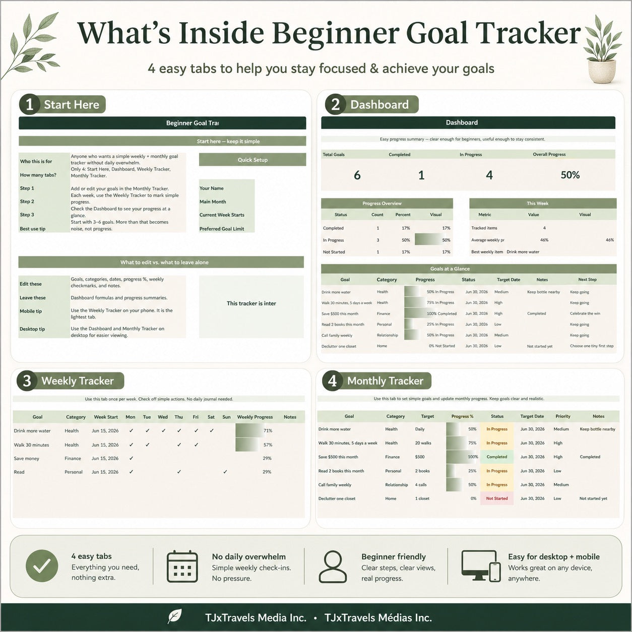 Beginner Friendly Goal Tracker – Weekly & Monthly Planner (Google Sheets)