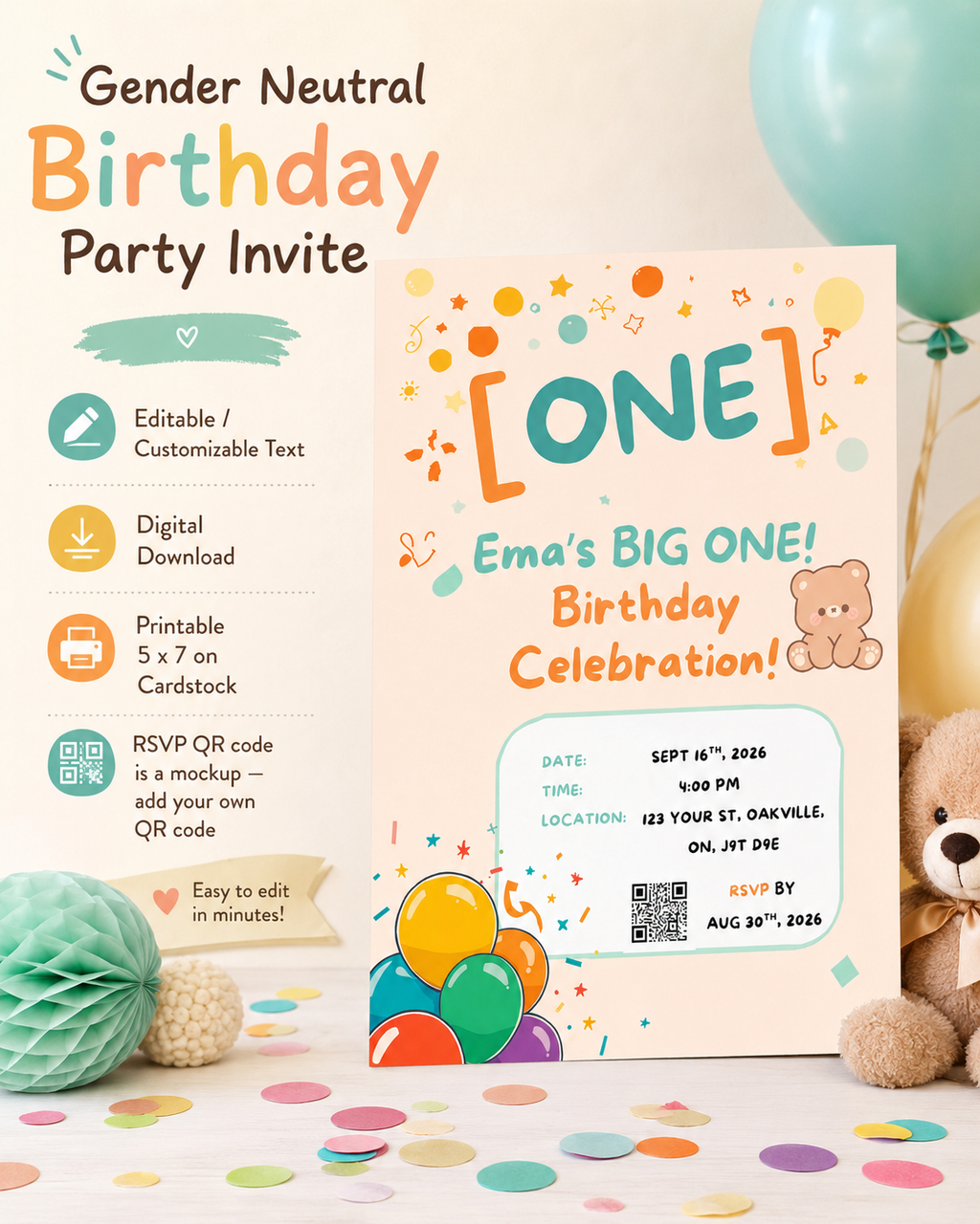 Gender Neutral First Birthday Invitation, Editable Canva Invite, Printable 5x7 Birthday Party Template