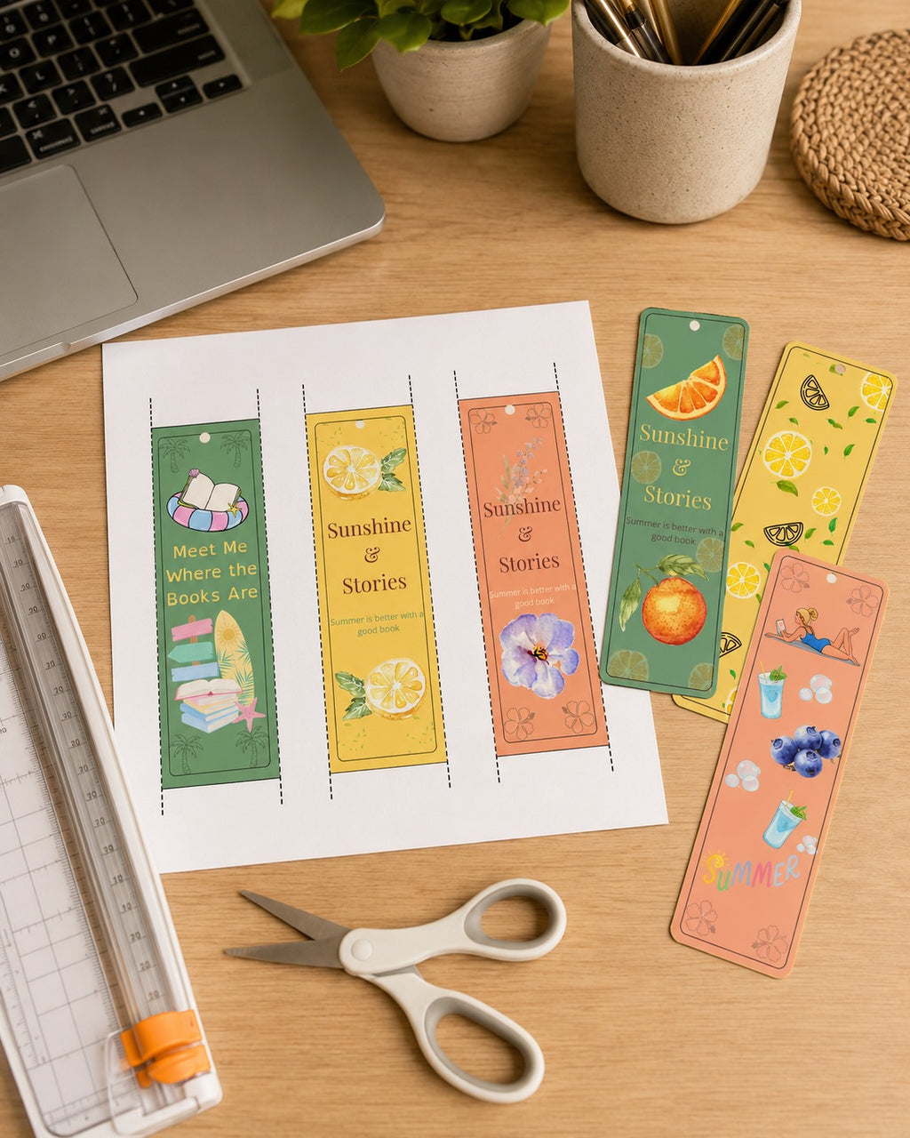 Summer Printable Bookmarks Bundle, 6 Bookmarks, Book Lover Gift, Lemon Citrus, Blueberry, Orange, Beach Reading, Instant Download PNG PDF