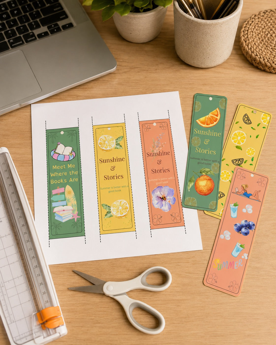 Summer Printable Bookmarks Bundle, 6 Bookmarks, Book Lover Gift, Lemon Citrus, Blueberry, Orange, Beach Reading, Instant Download PNG PDF