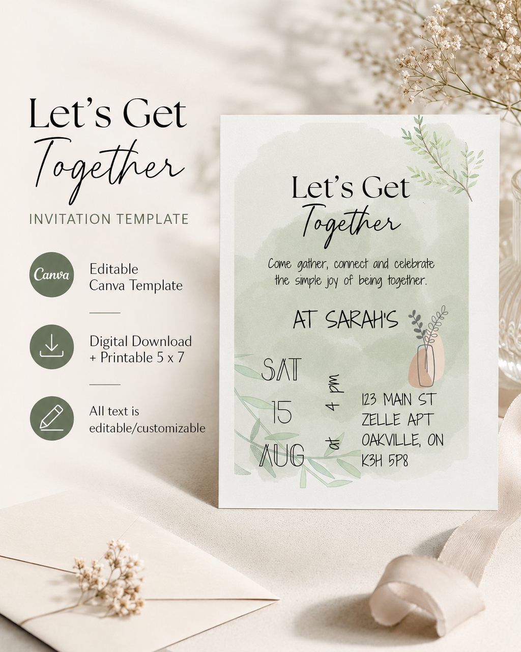 Sage Green Watercolour Invitation Template, Editable Canva Party Invite (Digital Download + Printable)