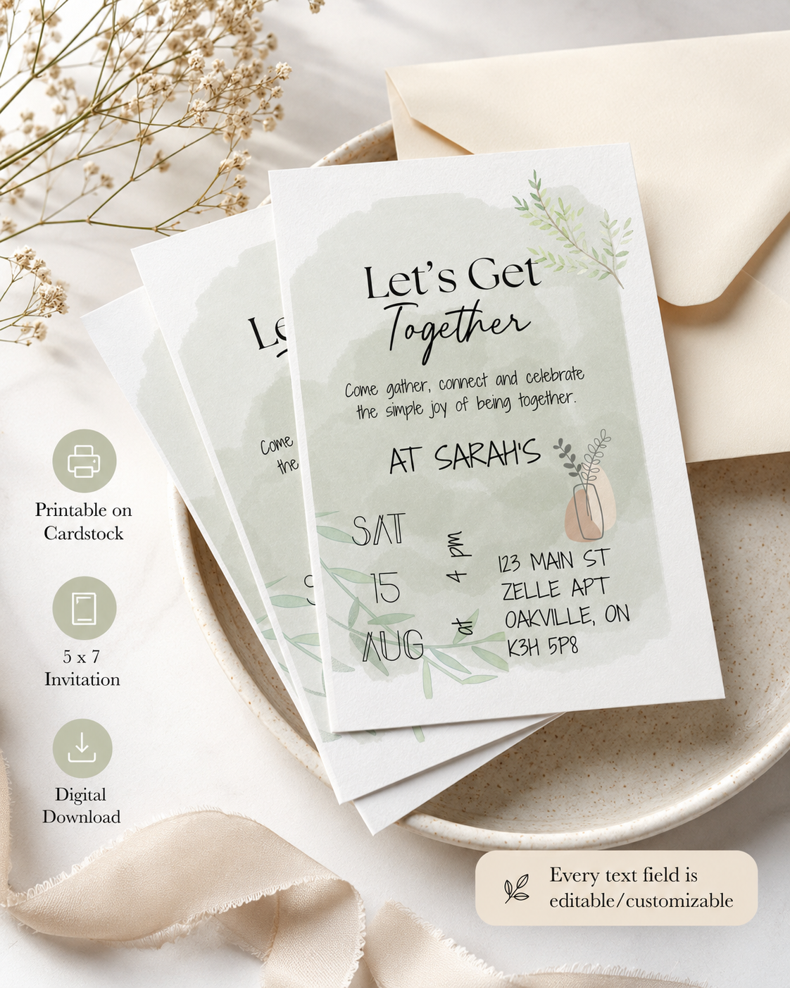 Sage Green Watercolour Invitation Template, Editable Canva Party Invite (Digital Download + Printable)