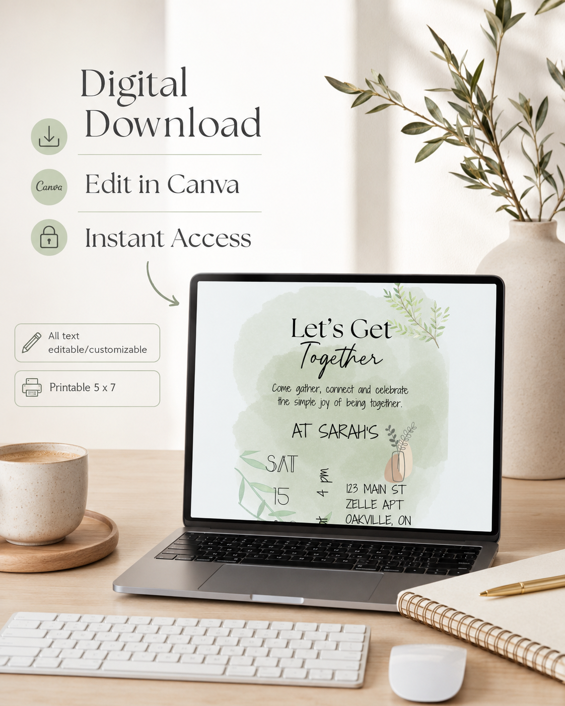 Sage Green Watercolour Invitation Template, Editable Canva Party Invite (Digital Download + Printable)