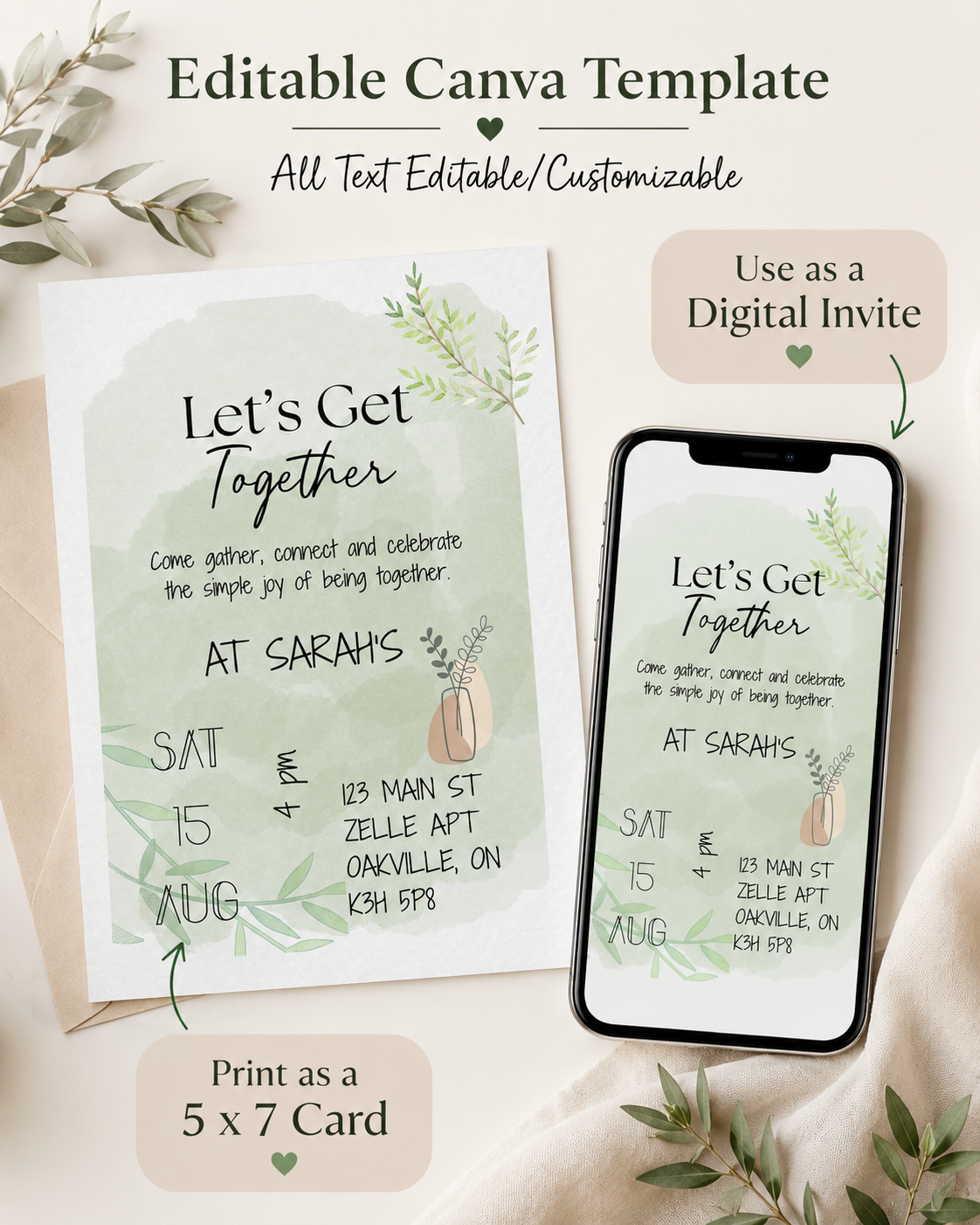 Sage Green Watercolour Invitation Template, Editable Canva Party Invite (Digital Download + Printable)