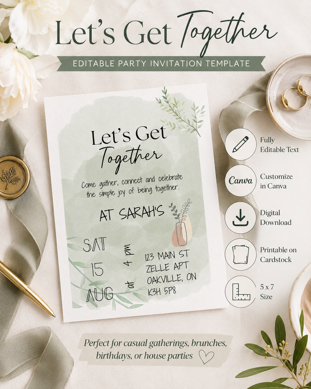 Sage Green Watercolour Invitation Template, Editable Canva Party Invite (Digital Download + Printable)