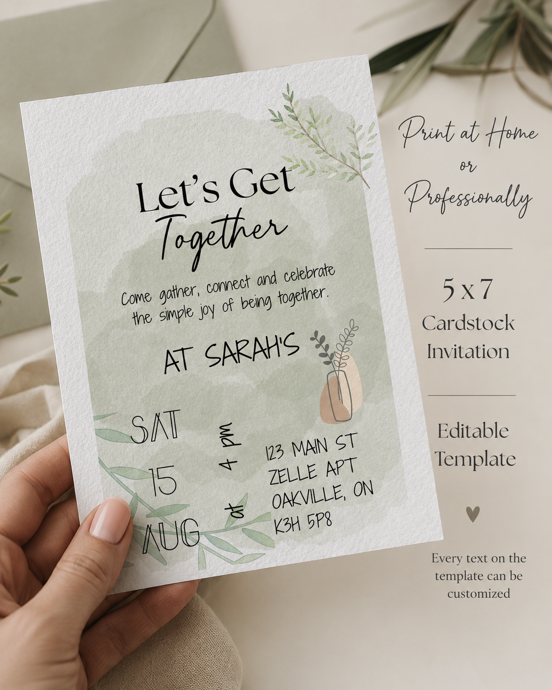 Sage Green Watercolour Invitation Template, Editable Canva Party Invite (Digital Download + Printable)