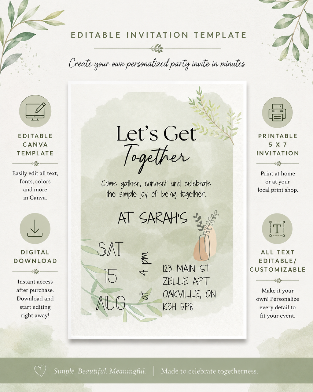 Sage Green Watercolour Invitation Template, Editable Canva Party Invite (Digital Download + Printable)