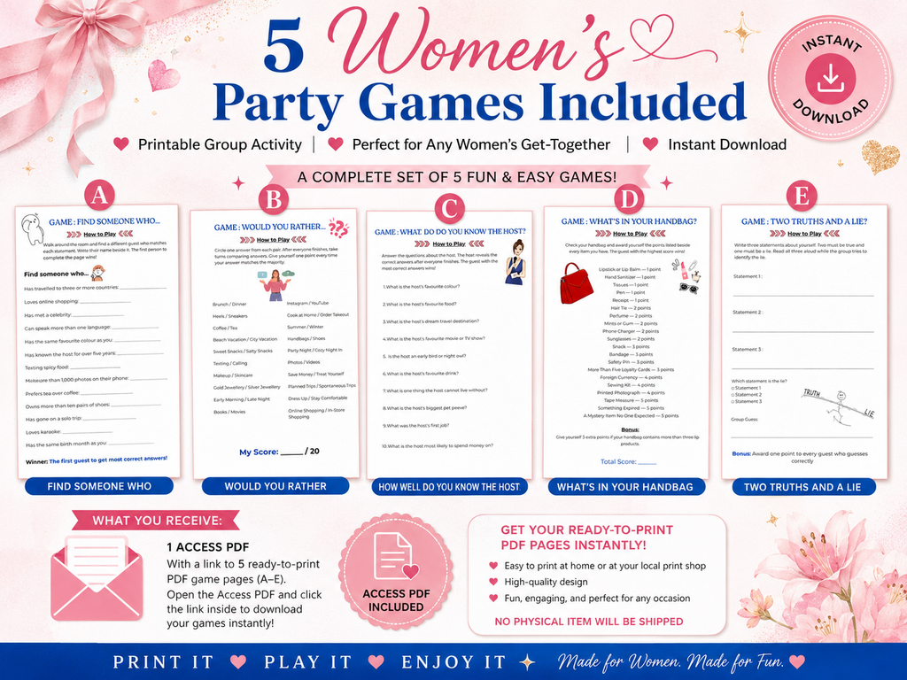 Women's Party Games Bundle, 5 Group Activities (Digital Download)