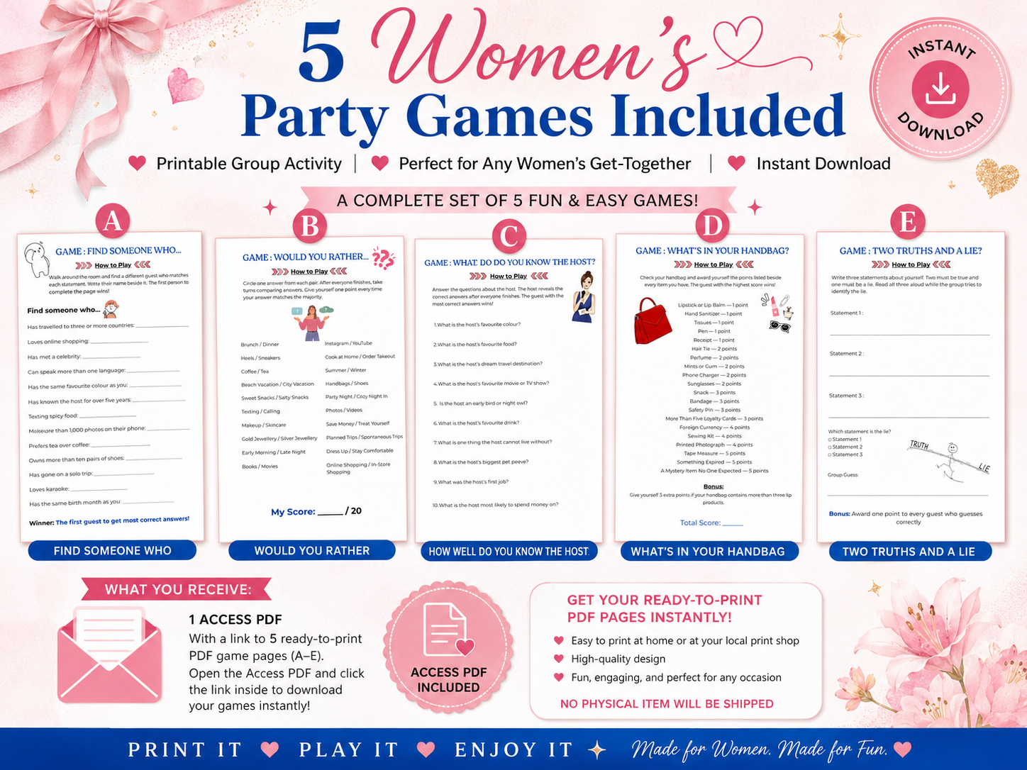 Women's Party Games Bundle, 5 Group Activities (Digital Download)