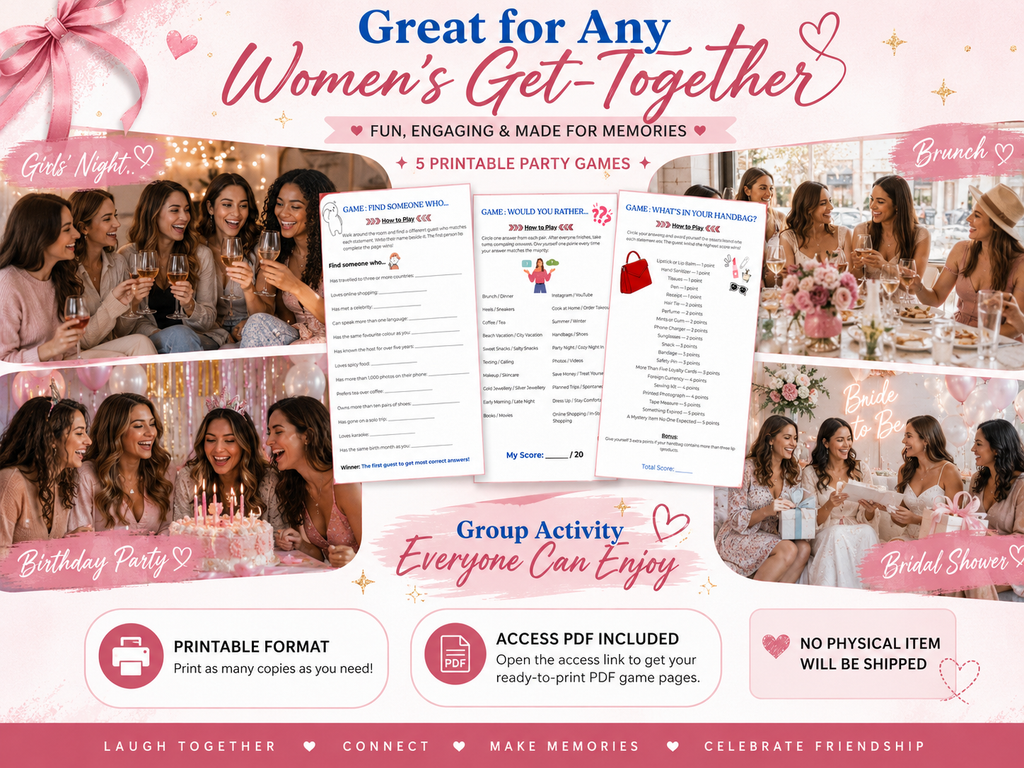 Women's Party Games Bundle, 5 Group Activities (Digital Download)
