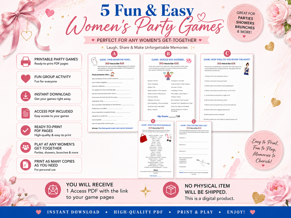 Women's Party Games Bundle, 5 Group Activities (Digital Download)
