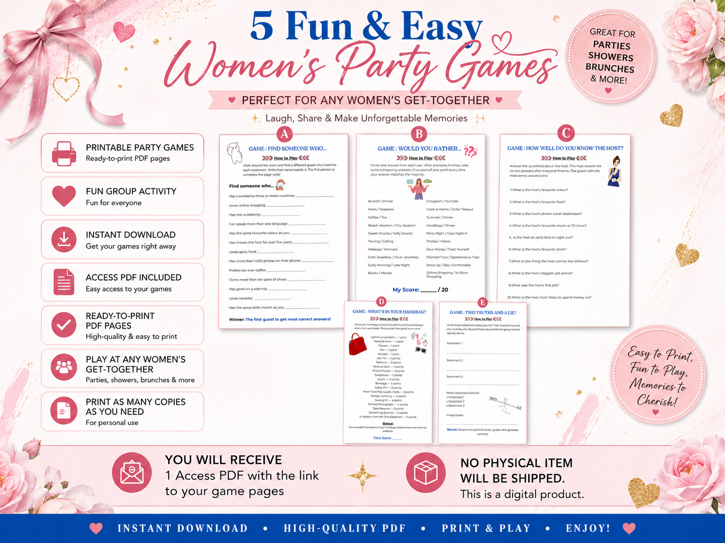 Women's Party Games Bundle, 5 Group Activities (Digital Download)