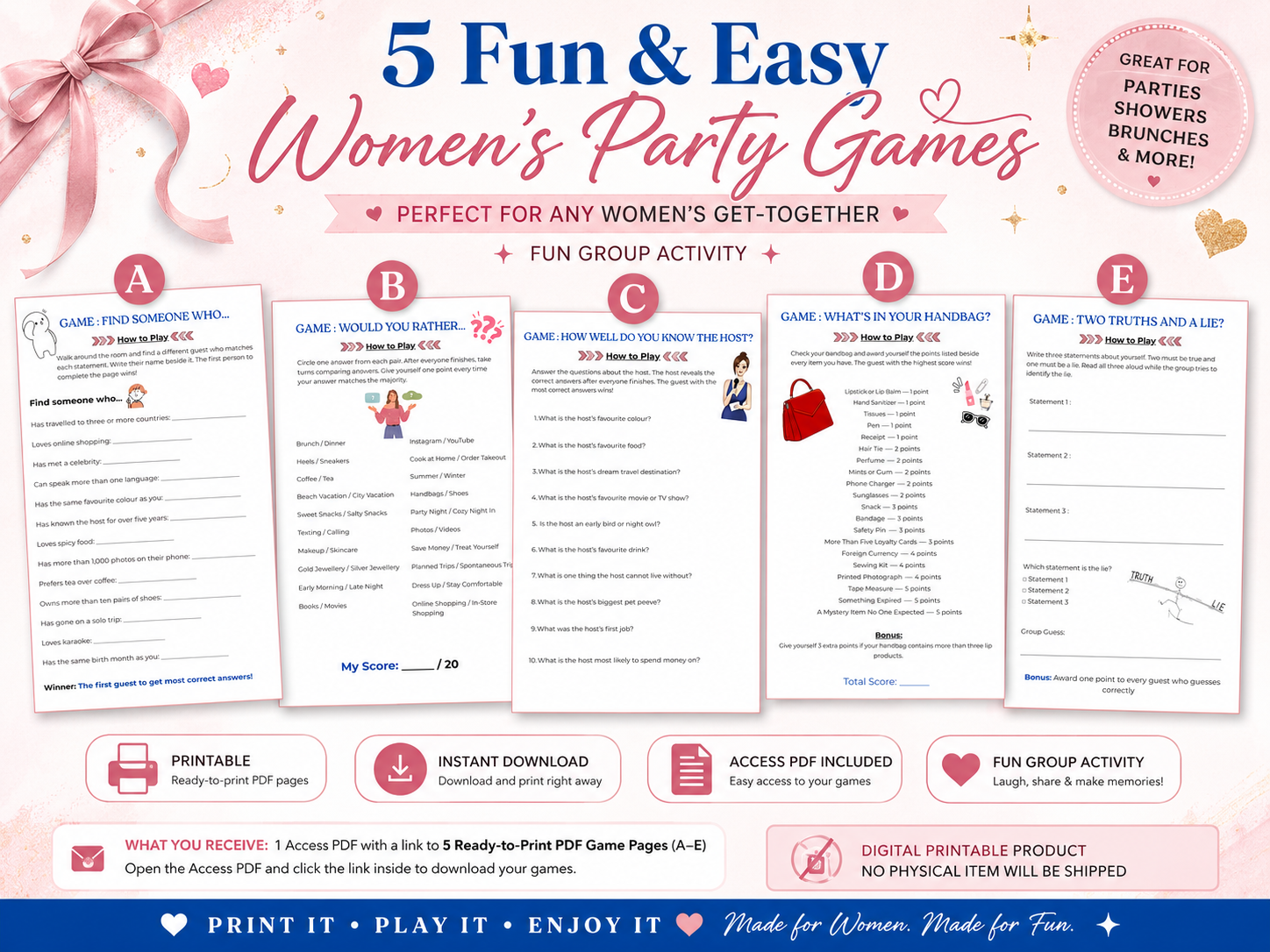 Women's Party Games Bundle, 5 Group Activities (Digital Download)