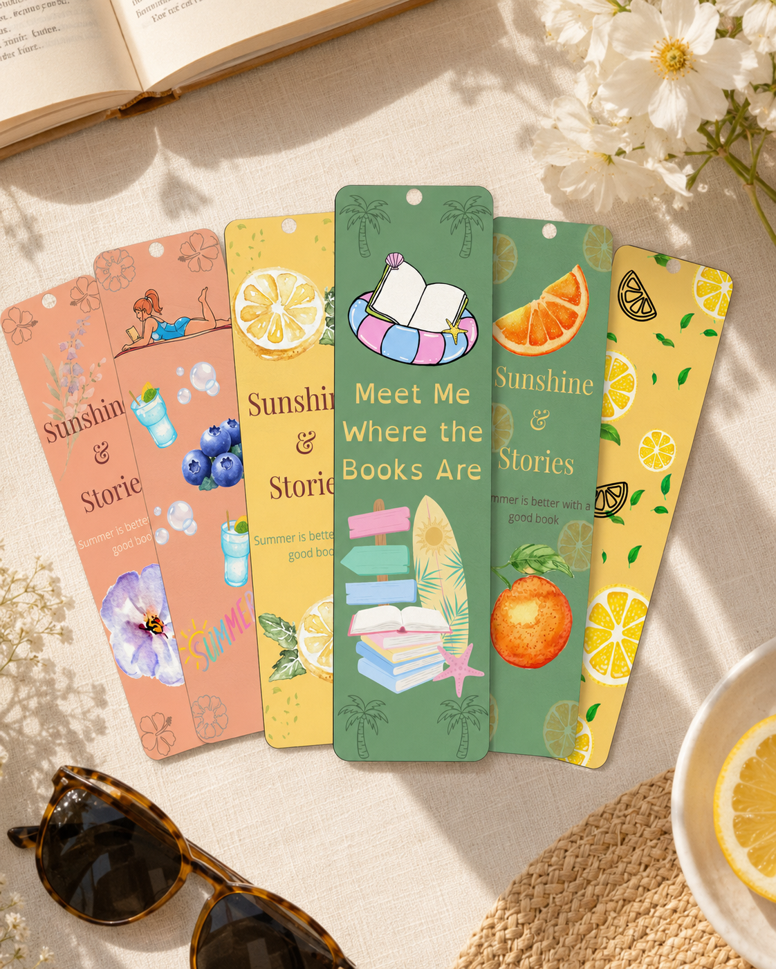 Summer Printable Bookmarks Bundle, 6 Bookmarks, Book Lover Gift, Lemon Citrus, Blueberry, Orange, Beach Reading, Instant Download PNG PDF
