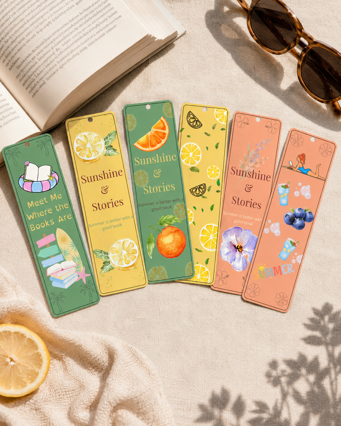Summer Printable Bookmarks Bundle, 6 Bookmarks, Book Lover Gift, Lemon Citrus, Blueberry, Orange, Beach Reading, Instant Download PNG PDF