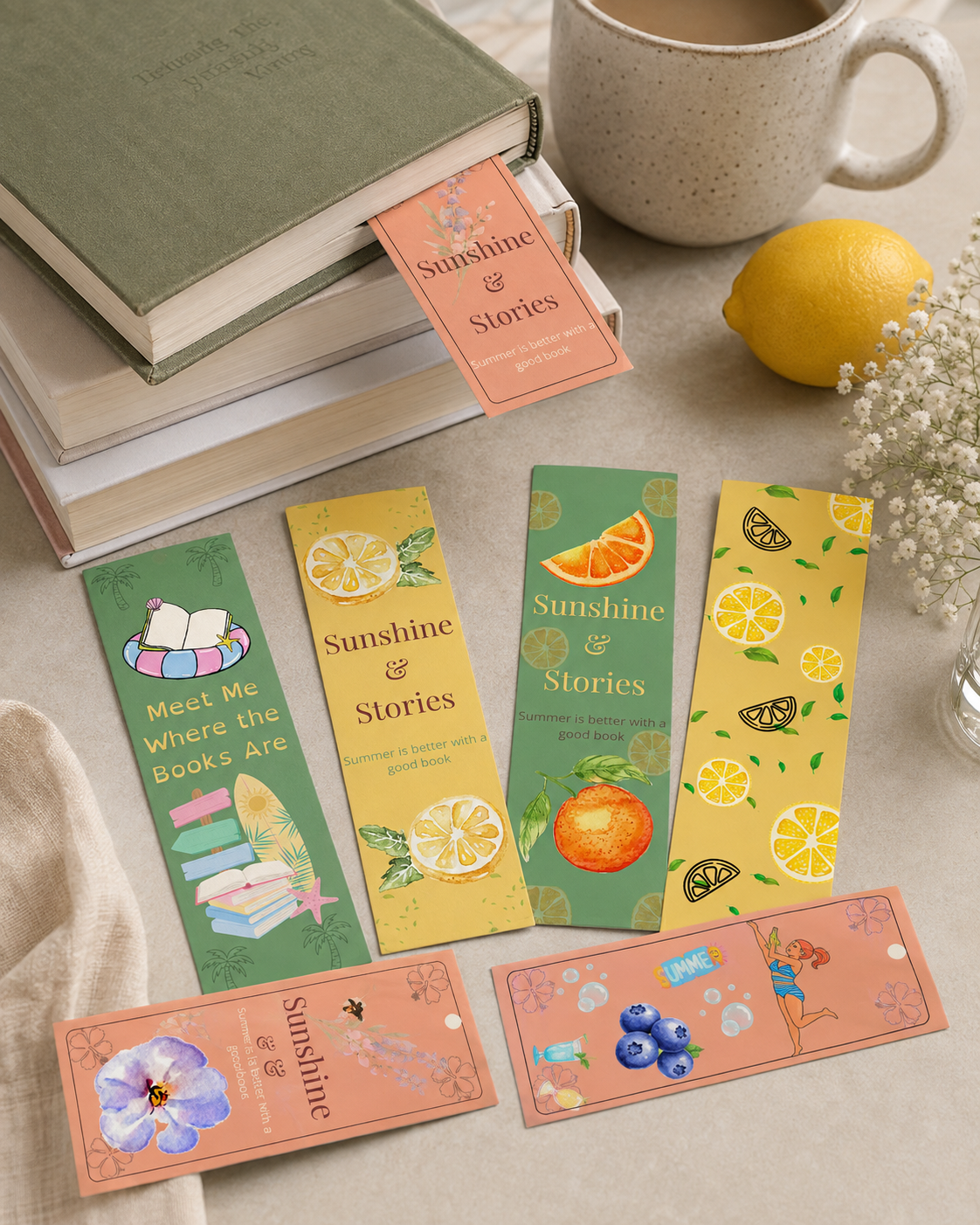 Summer Printable Bookmarks Bundle, 6 Bookmarks, Book Lover Gift, Lemon Citrus, Blueberry, Orange, Beach Reading, Instant Download PNG PDF