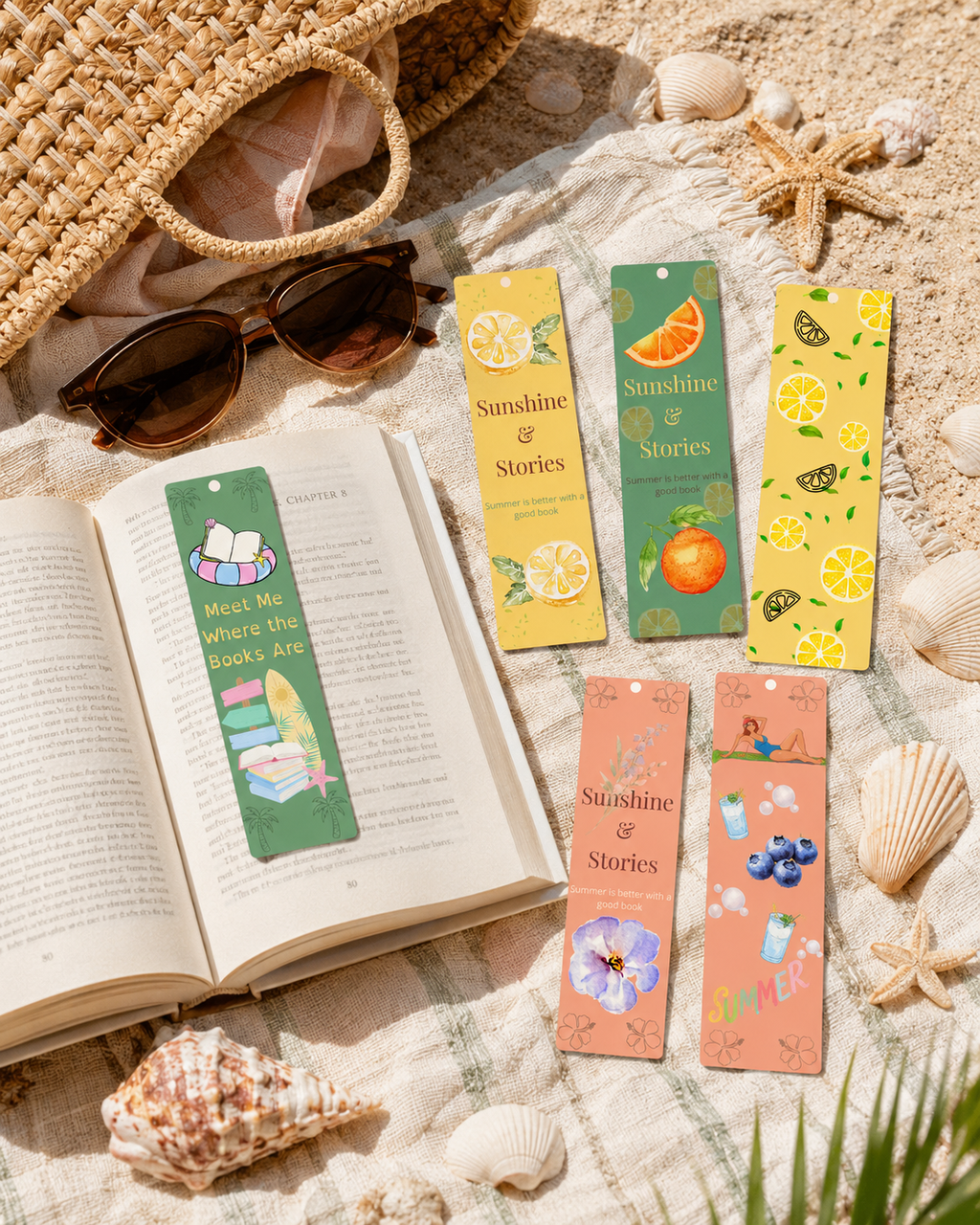Summer Printable Bookmarks Bundle, 6 Bookmarks, Book Lover Gift, Lemon Citrus, Blueberry, Orange, Beach Reading, Instant Download PNG PDF